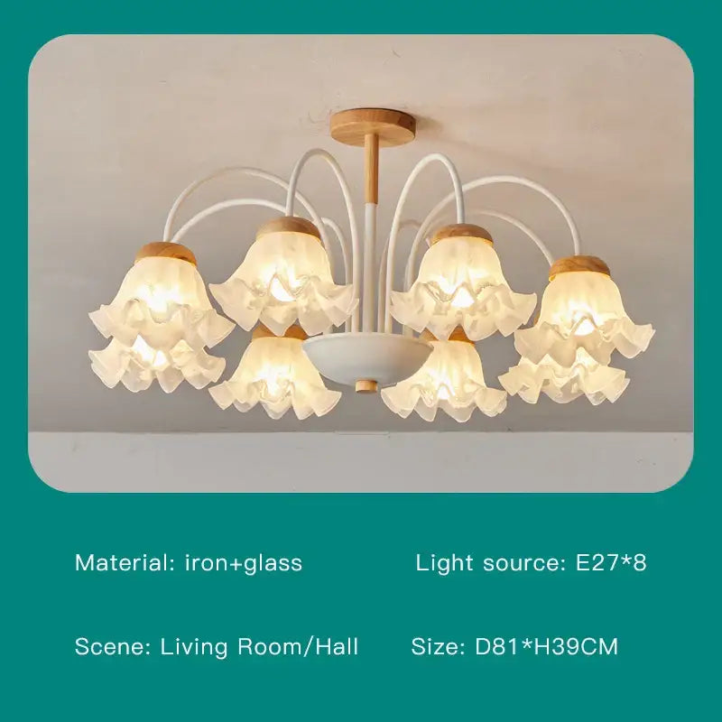 Modern green white chandelier with delicate white glass and wooden accents featuring five ruffled lampshades ceiling light