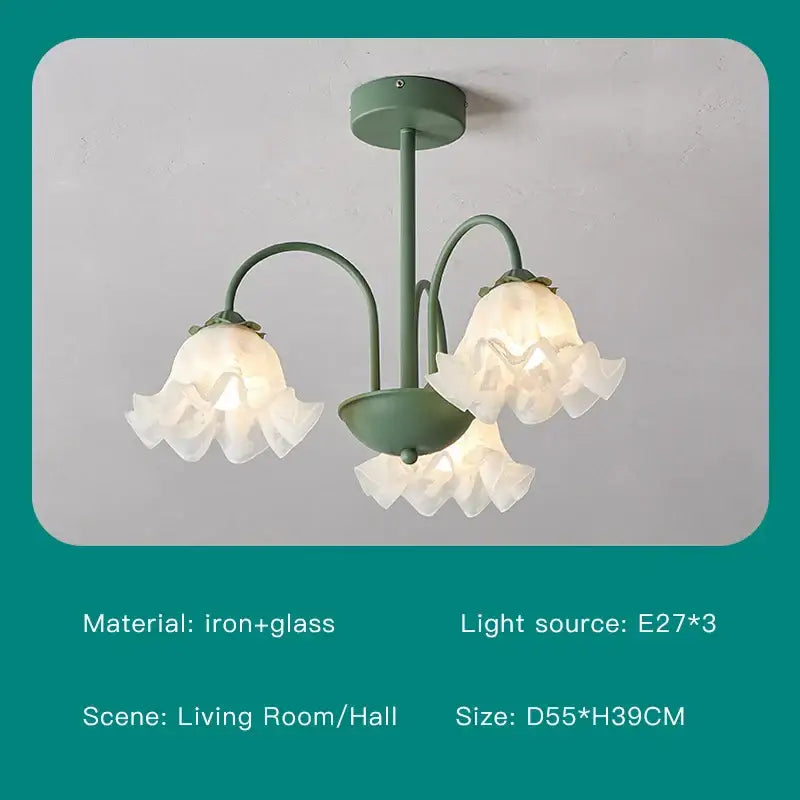 Delicate modern green white chandelier with green iron frame and three frosted ruffled flower-shaped glass shades
