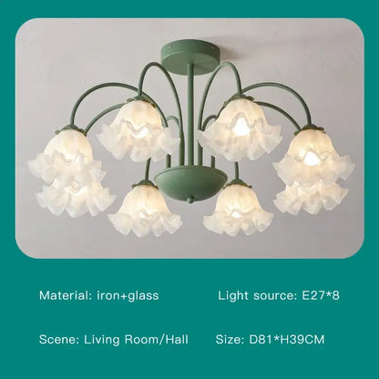 A modern green white chandelier with five frosted glass flower-shaped shades for elegant living room lighting