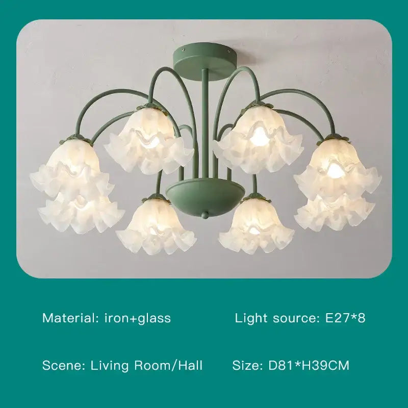 A modern green white chandelier with five frosted glass flower-shaped shades for elegant living room lighting