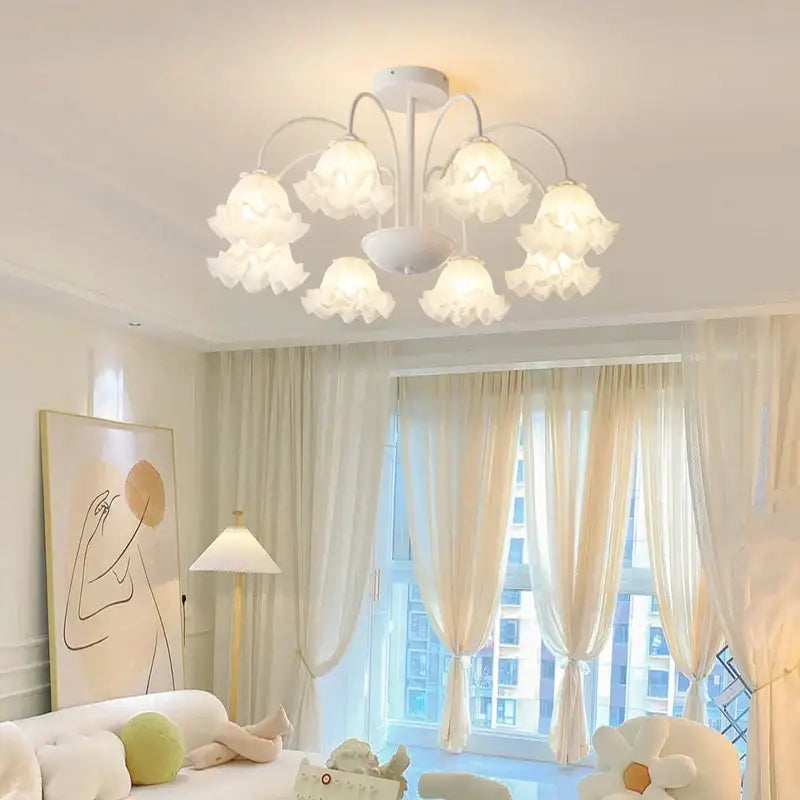 Modern green white chandelier with eight glass globes and white floral petal-like shades for living room ceiling