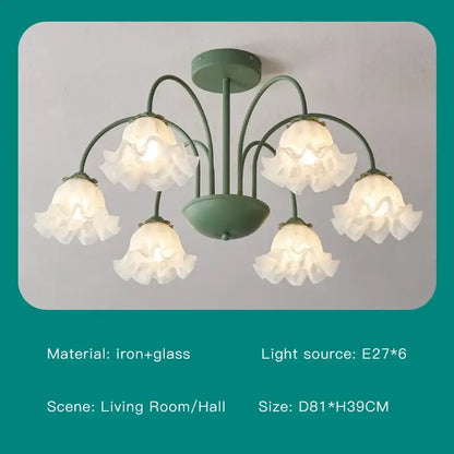 Delicate modern green white chandelier with iron frame and five frosted flower-shaped glass shades for ceiling use