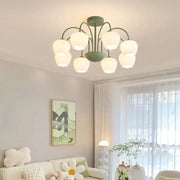 Modern green white chandelier with eight frosted glass globe shades for living room ceiling lighting