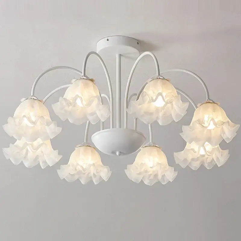 Modern green white chandelier with five ruffled translucent glass lampshades floral design for living room light