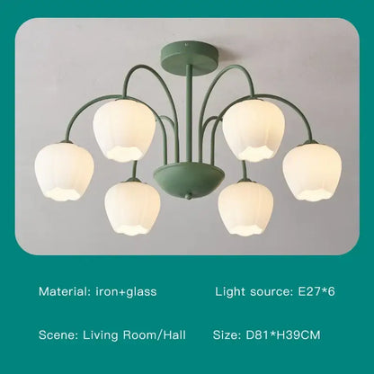 A modern green white chandelier with six frosted bell-shaped glass lampshades for living room lighting