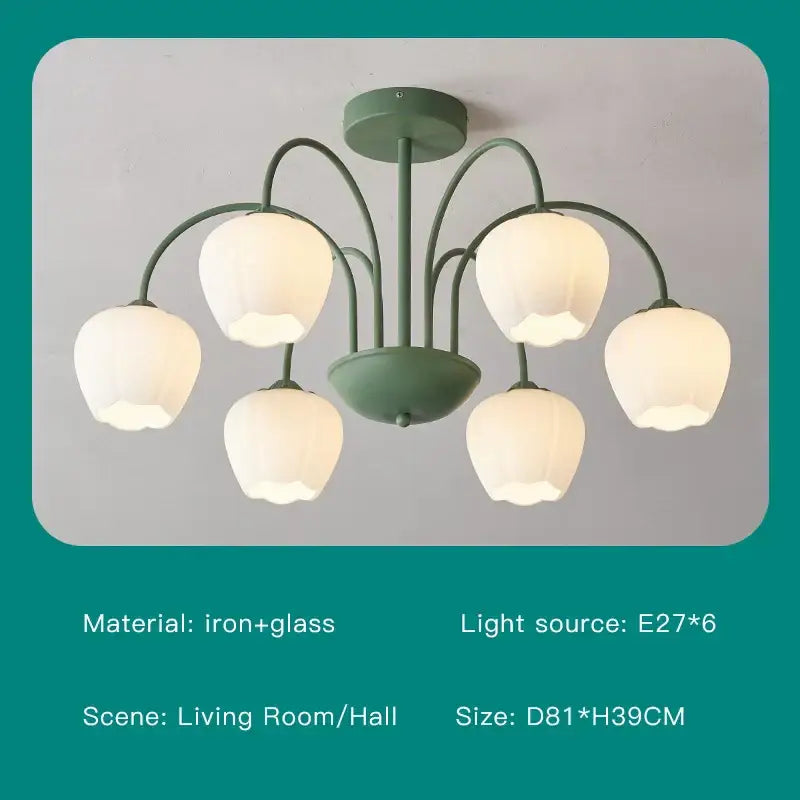 A modern green white chandelier with six frosted bell-shaped glass lampshades for living room lighting