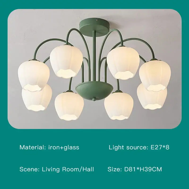 Modern green white chandelier with eight frosted white glass bell-shaped lampshades for living room ceiling light