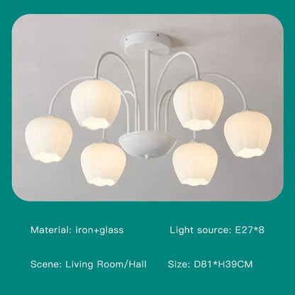 Modern green white chandelier featuring a white iron and glass design with five pear-shaped frosted glass shades for living room use