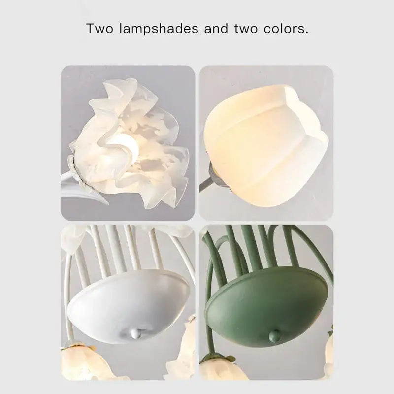 Modern green white chandelier featuring white and sage green floral glass globes with a delicate ruffled design