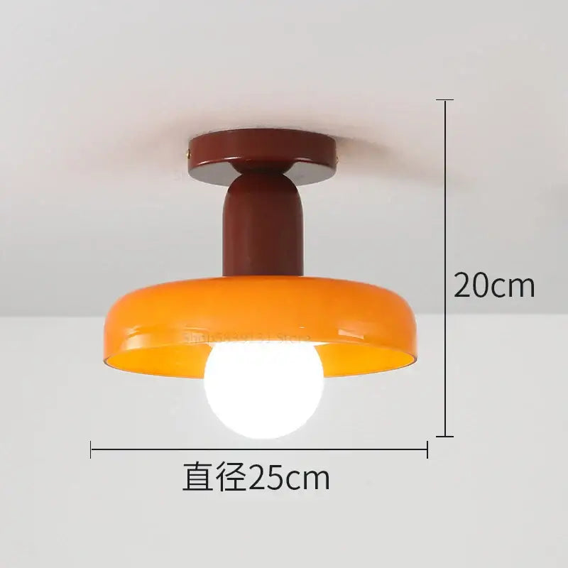 A modern ceiling-mounted pendant light with a glossy orange glass shade and matte brown base for dining room decorbites colorful glass pendant
