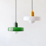 Modern pendant lights with glossy green and white colorful glass segmented shades and yellow stem for dining room decorbites colorful glass pendant