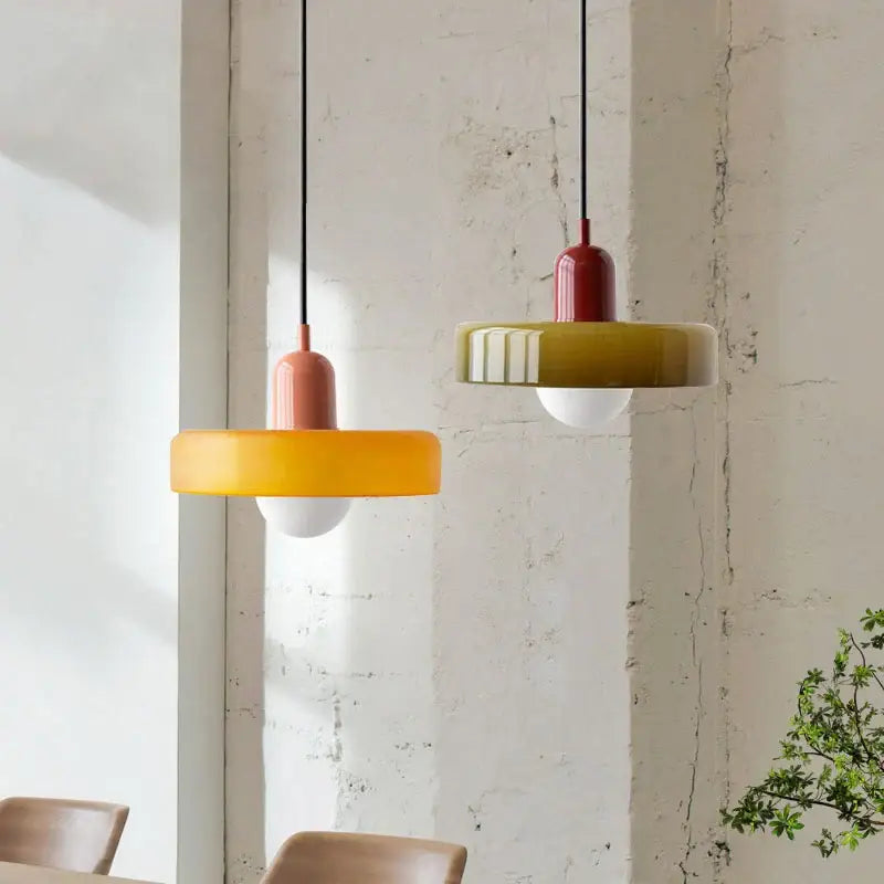 Modern green and white colorful glass pendant lights with warm yellow and olive green shades for dining room decorbites colorful glass