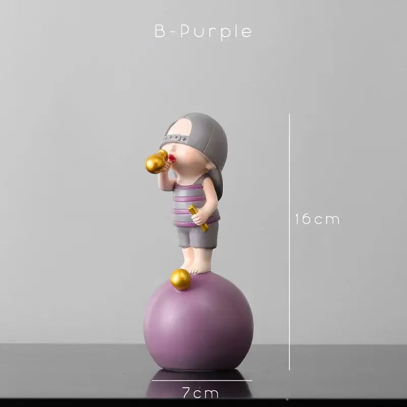 Purple resin bubble gum blowing figurine wearing gray shorts and striped top on spherical base for living room decor
