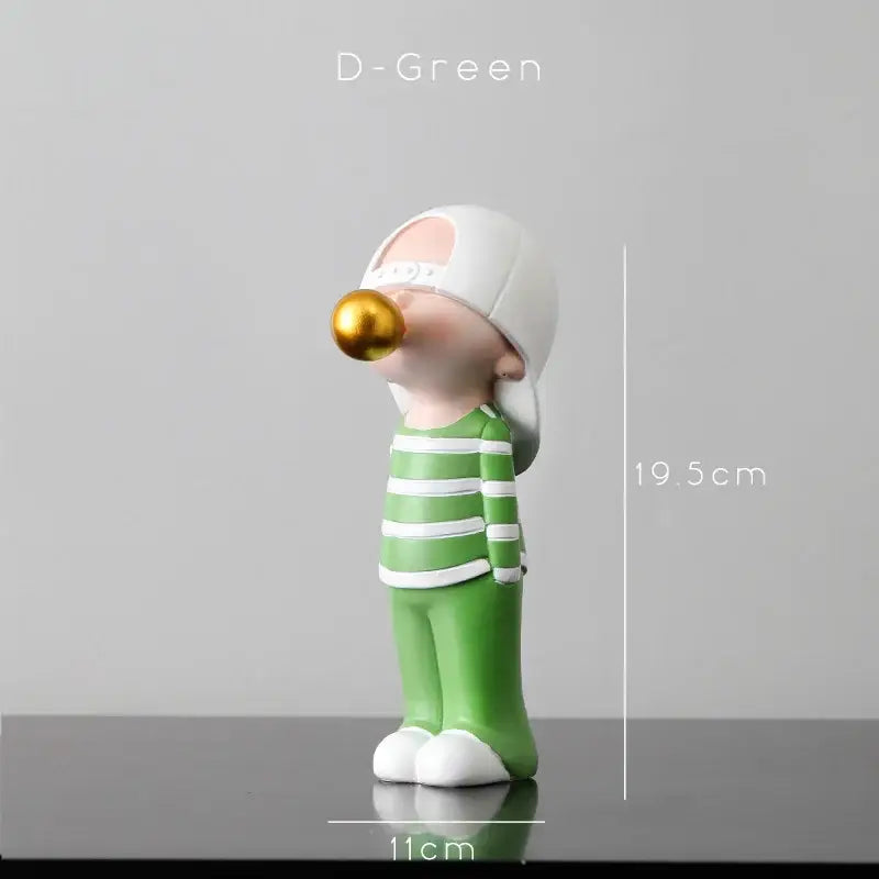 Modern green and white polka dot bubble gum blowing statue with white cap and golden bubble for living room decor