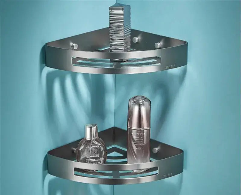 Silver stainless steel two-tier corner shower caddy with modern design included in decorbites grey bathroom accessories set