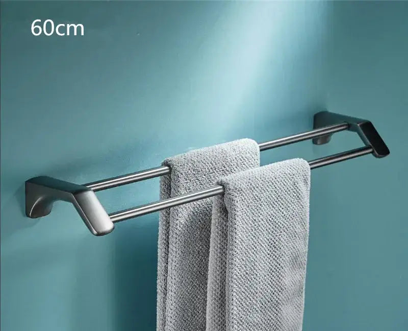 Silver double-bar towel rack with sleek modern design and matte finish in decorbites grey bathroom accessories set