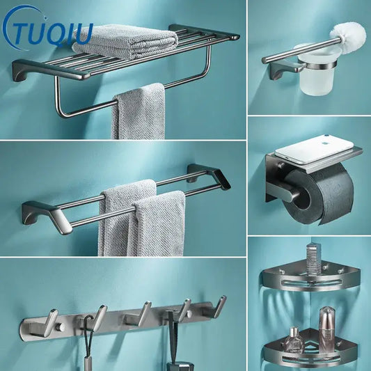 Modern grey bathroom accessories set stainless steel towel rack with sleek design and two horizontal bars for towels