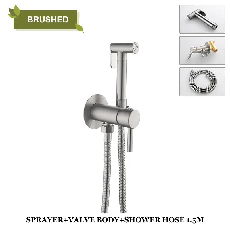 Modern grey brass bidet spray with brushed stainless steel handheld sprayer and flexible hose for brass bidet spray use