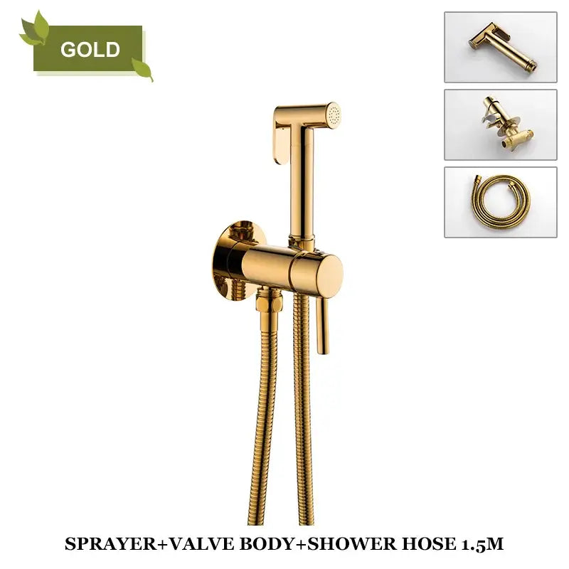 Modern grey brass bidet spray with gold-colored sprayer system, flexible 1.5m hose, and integrated valve body for decorbites brass bidet