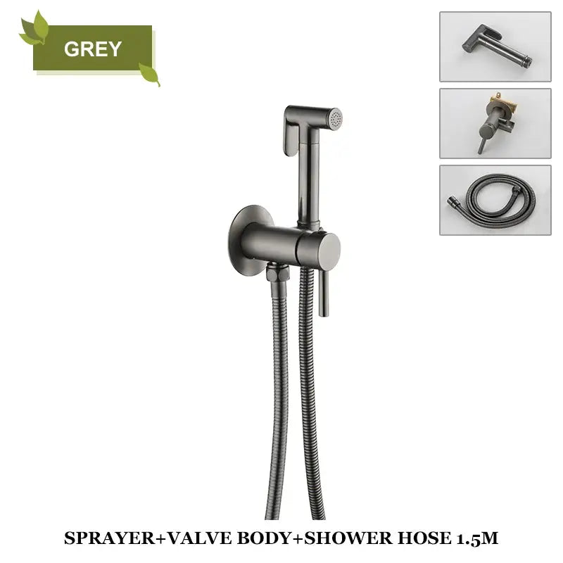 Modern grey brass bidet spray with a sleek design and flexible 1.5-meter hose by decorbites brass bidet spray