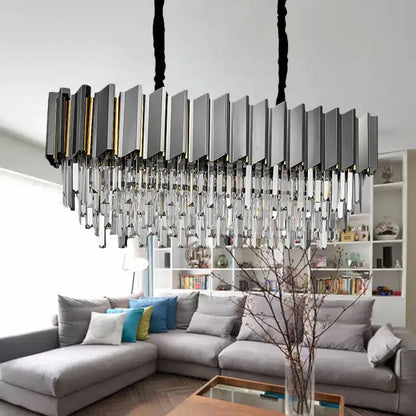 Modern grey crystal pendant chandelier with sleek metallic frame and cascading prisms for kitchen island lighting