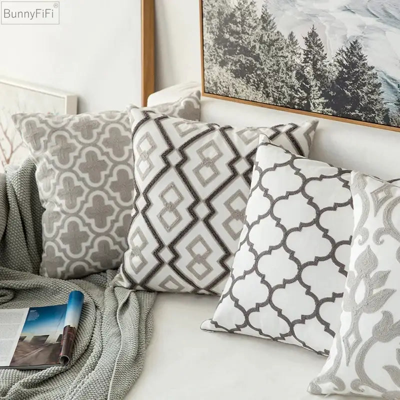 Set of four modern grey geometric embroidered cushion covers in gray white and black for living room decorbites decor