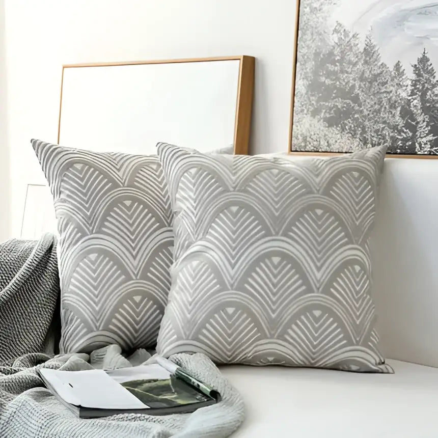 Modern grey geometric embroidered cushion cover set featuring gray and white decorbites geometric embroidered design for living room decor