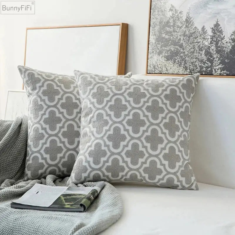 Modern grey geometric embroidered cushion cover set featuring gray and white quatrefoil pattern by bunnyfifi for living room decorbites geometric embroidered style