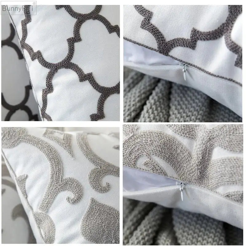 White cushion cover with gray decorbites geometric embroidered patterns and zipper closure for modern living room decor