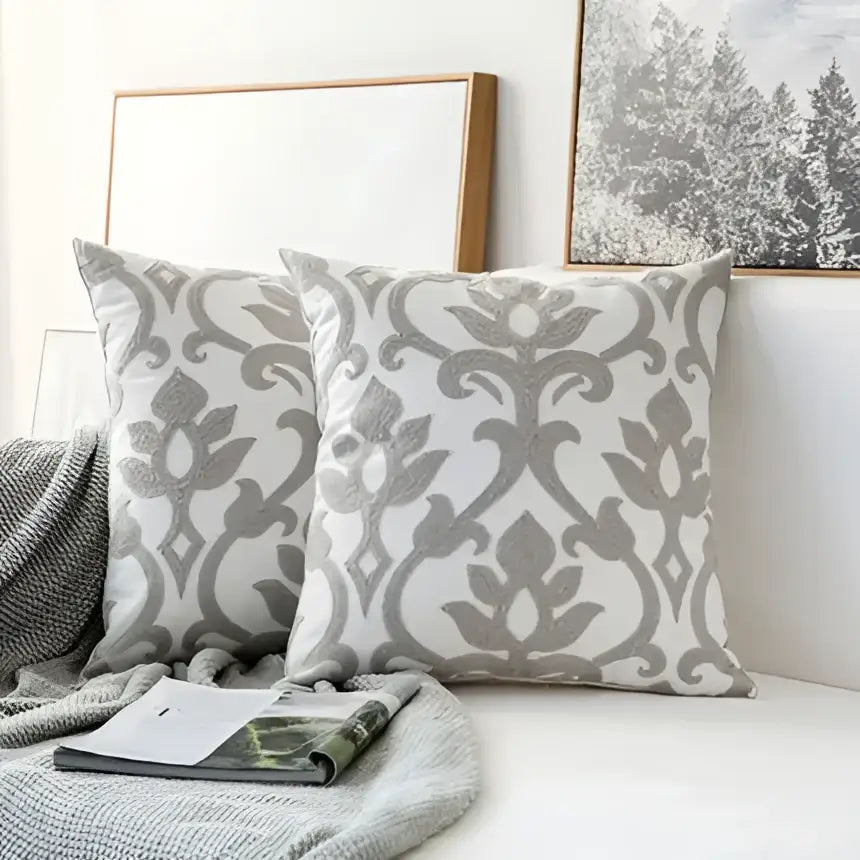 White and gray damask patterned cushion cover with soft textured fabric in modern grey geometric embroidered decorbites set