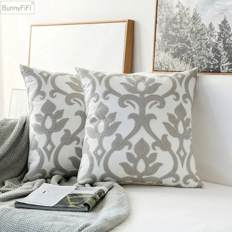 White cushion cover with intricate silver-gray floral patterns for modern grey geometric embroidered decorbites set