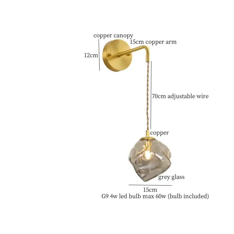 A modern copper wall lamp with faceted decorbites grey glass led shade and adjustable 70cm wire for bedroom decor