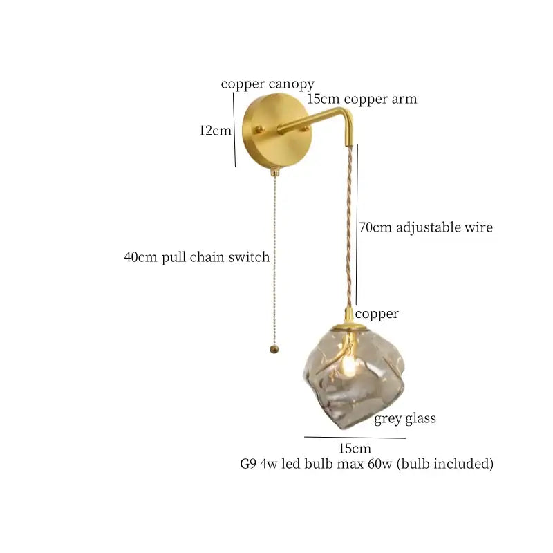 A modern copper wall lamp with a faceted grey glass led shade and adjustable wire for bedroom decorbites grey glass