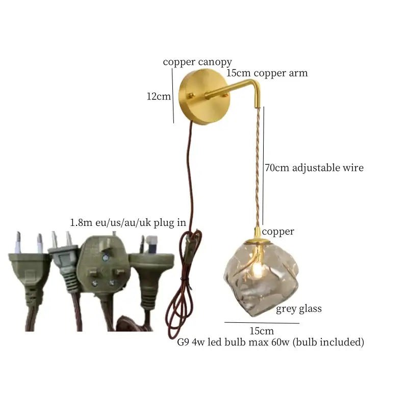 A modern copper wall lamp with a faceted grey glass led pendant and adjustable 70cm wire by decorbites grey glass