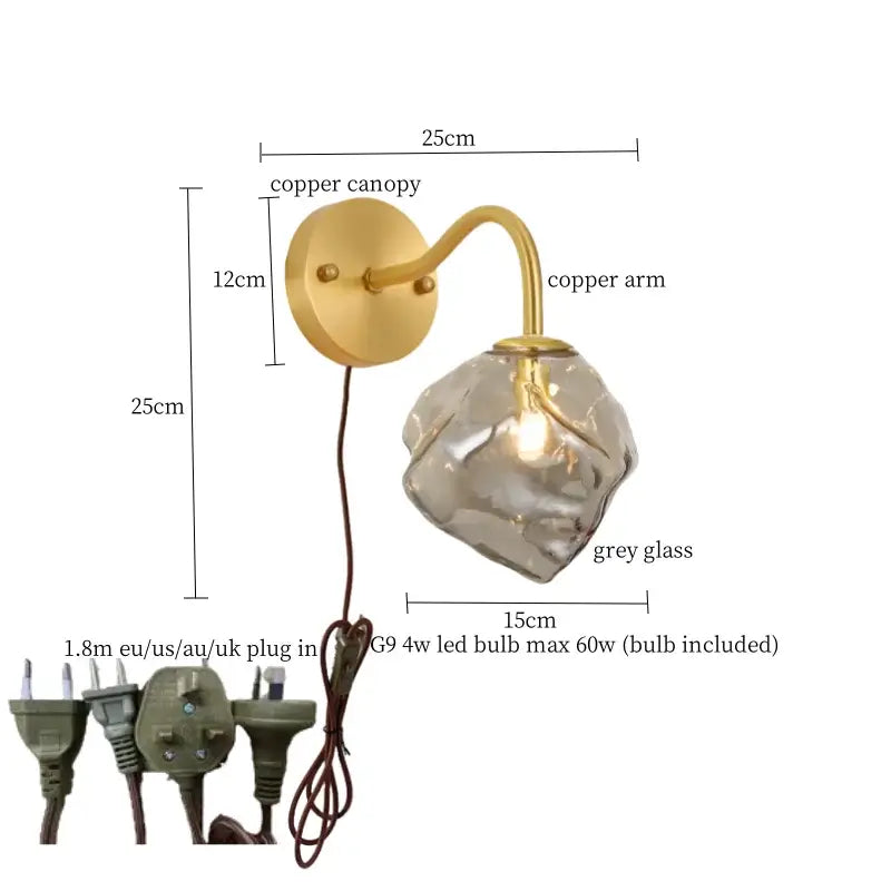 Modern wall lamp featuring decorbites grey glass led with polished copper canopy and translucent grey glass shade