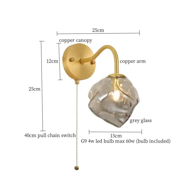 A modern wall lamp with a polished copper canopy and decorbites grey glass led irregular shade for bedroom use