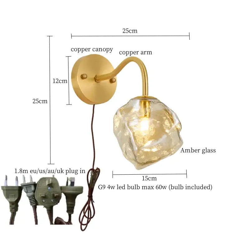 Modern grey glass led wall lamp with warm amber textured glass and polished copper canopy arm for bedroom decorbites grey glass