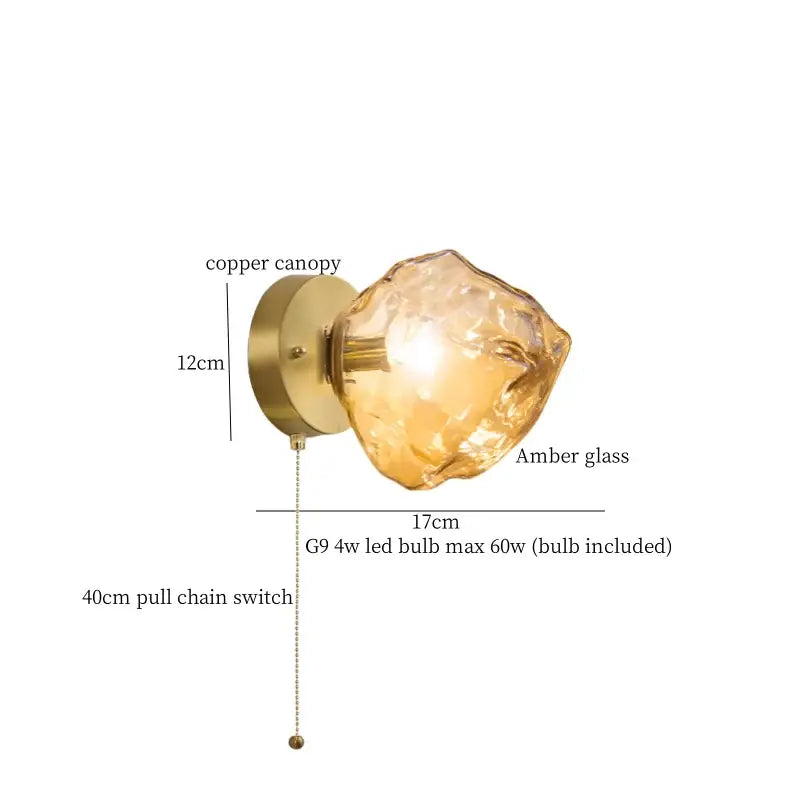 A warm amber glass wall lamp with copper canopy and pull chain switch complements decorbites grey glass led sconce designs