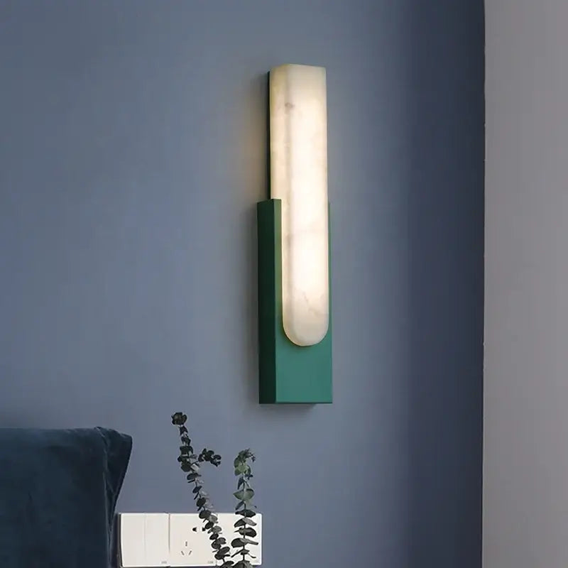 Modern grey marble led wall sconce with sleek green metal frame and frosted glass panel by decorbites grey marble
