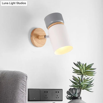 DecorBites™ DecorBites™ Modern Grey-White Nordic Iron Wall Lamp with Wood Accent - Rotating Cylindrical Sconce