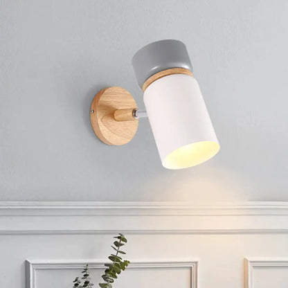 DecorBites™ DecorBites™ Modern Grey-White Nordic Iron Wall Lamp with Wood Accent - Rotating Cylindrical Sconce