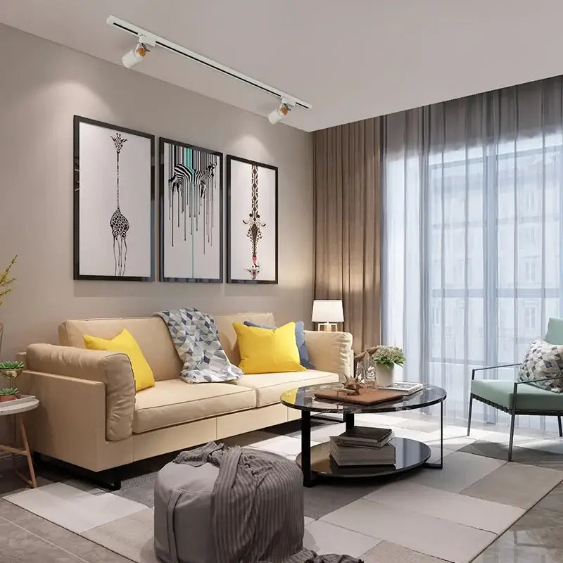 Modern gu10 7w led track light illuminating beige leather sofa with yellow and blue throw pillows in living room