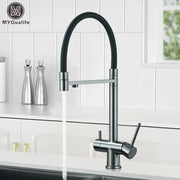 Modern gun gray filtered kitchen faucet with dual handle pull out hose and chrome accents for decorbites gun gray kitchens