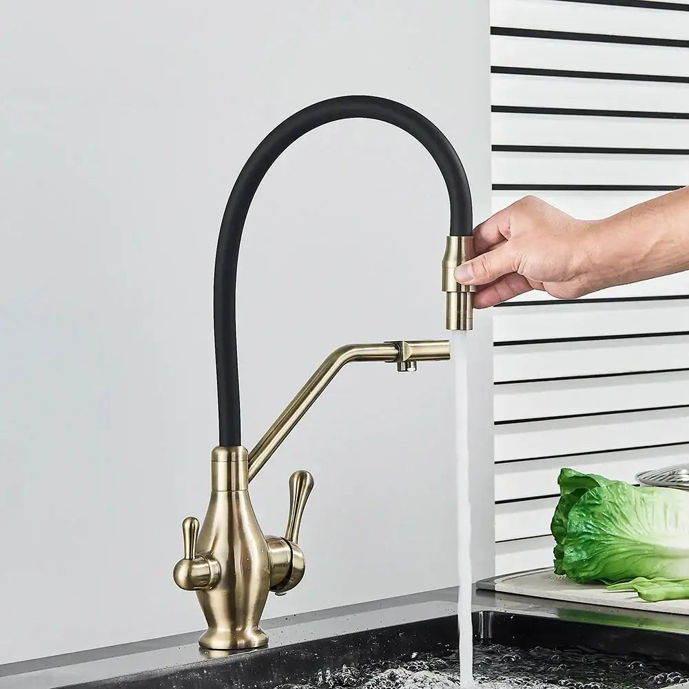 Antique brass kitchen faucet with flexible black rubber hose and dual handles for decorbites gun gray kitchen use