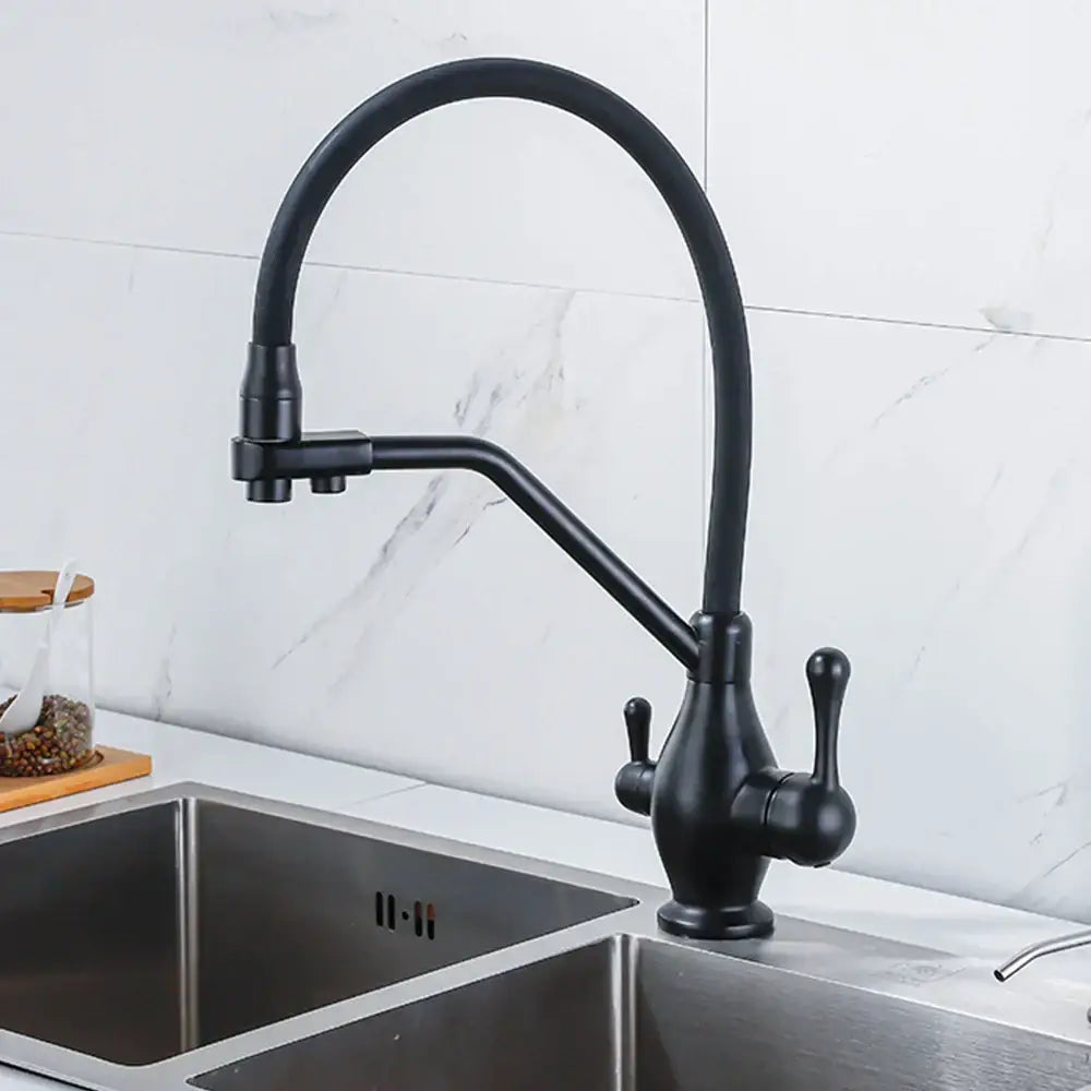 Modern gun gray kitchen faucet with dual handles and curved flexible spout in matte black finish decorbites gun gray design