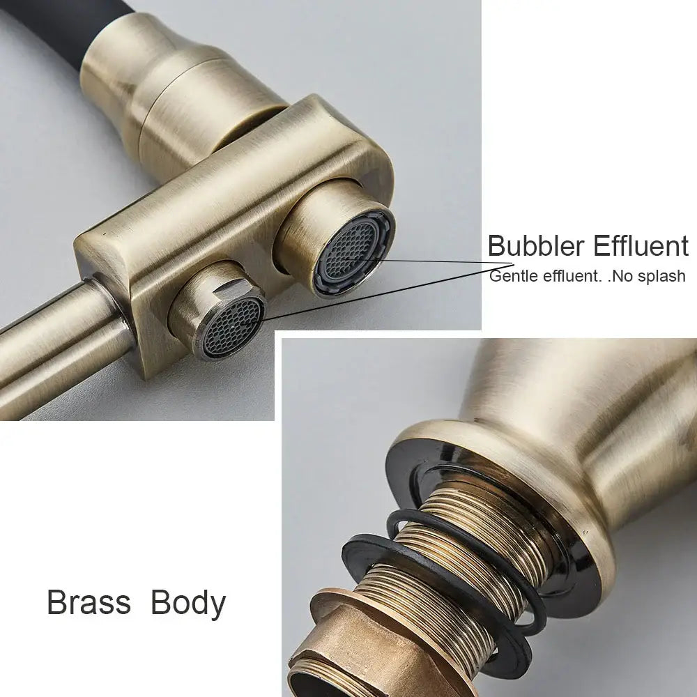 Brass-finished bathroom faucet with brushed metallic finish and dual spout design for gun gray kitchen decorbites gun gray