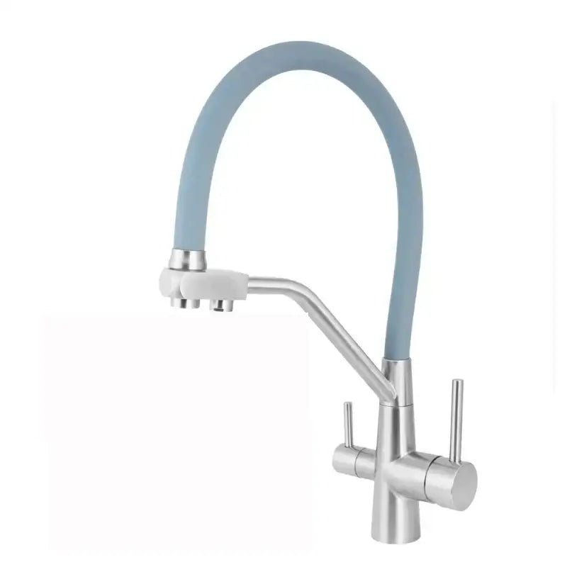 Modern gun gray kitchen faucet with sleek silver metallic base and flexible light blue silicone hose by decorbites gun gray