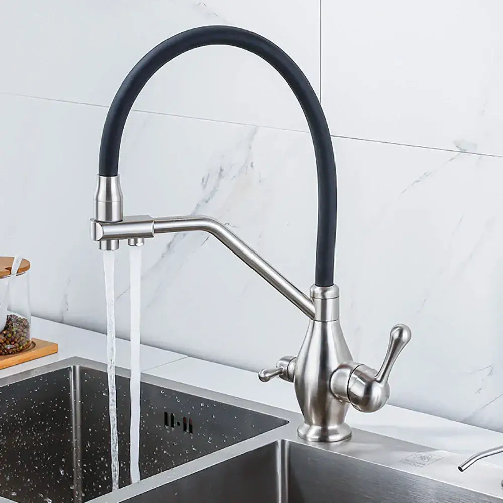 Modern gun gray kitchen faucet with dual lever handles, brushed stainless steel body, and sleek curved black rubber hose by decorbites