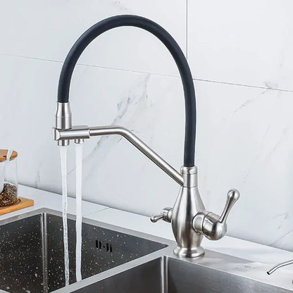 Modern gun gray kitchen faucet with dual lever handles, brushed stainless steel body, and sleek curved black rubber hose by decorbites