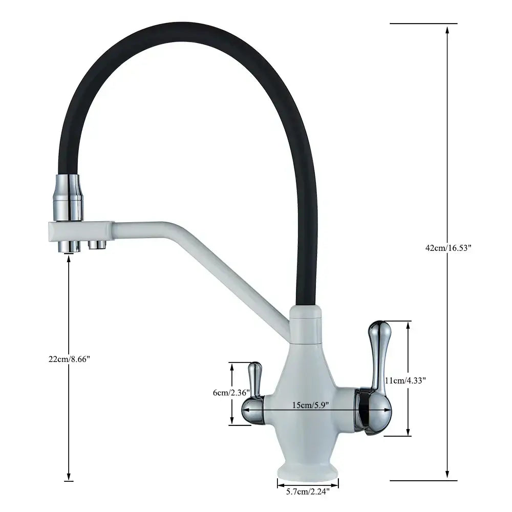 Modern gun gray kitchen faucet with dual handles features a sleek chrome finish and black flexible hose by decorbites gun gray